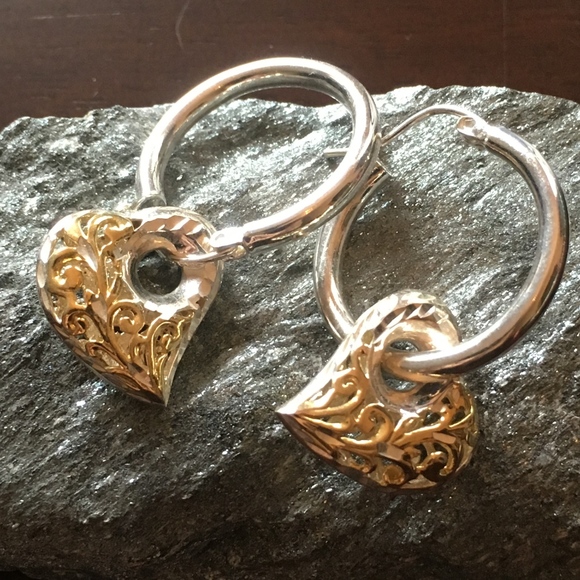 Jewelry - Sterling Silver and Gold Filigree Heart Earrings